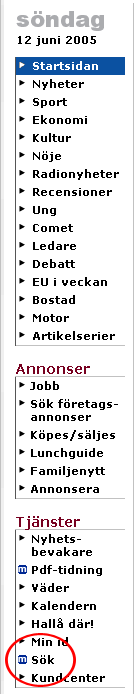 Skärmdump av smp.se - dold sökfunktion