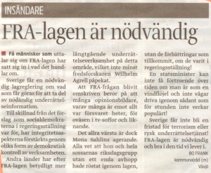 Bo Franks (m) insändare om att FRA-lagen är nödvändig